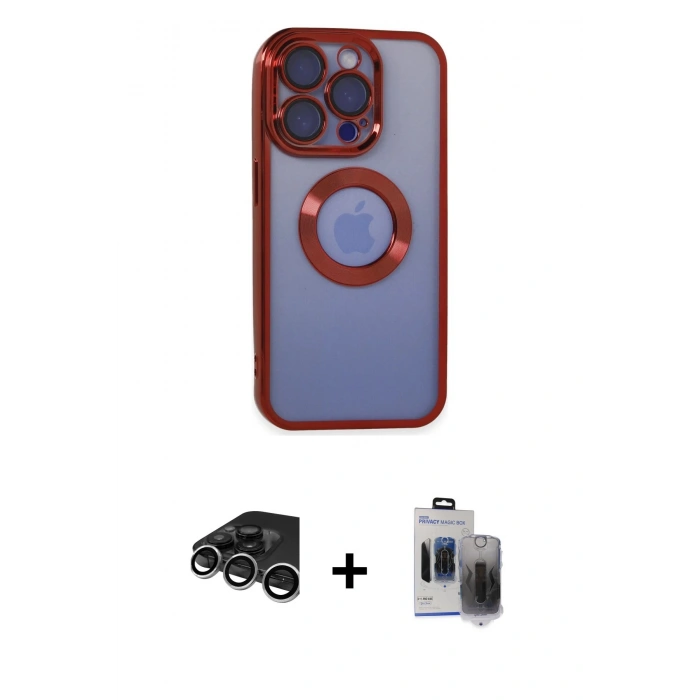 MARSİLYAN™- iPhone 15 Pro Max Kılıf Pusula Form - Siyah Vanessa Magic Hayalet Cam + Gümüş Raze Metal Kamera Lens