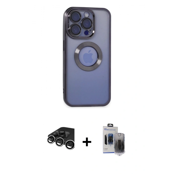 MARSİLYAN™- iPhone 15 Pro Max Kılıf Pusula Form - Siyah Vanessa Magic Hayalet Cam + Gümüş Raze Metal Kamera Lens