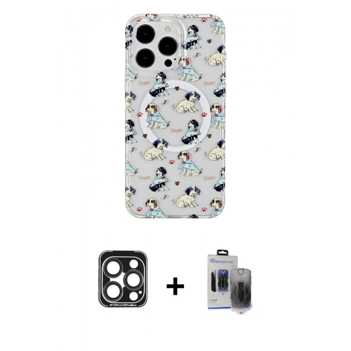 MARSİLYAN™- iPhone 15 Pro Max Kılıf Pusula Form - Siyah Vanessa Magic Hayalet Cam + PVD Metal Kamera Lens - LT