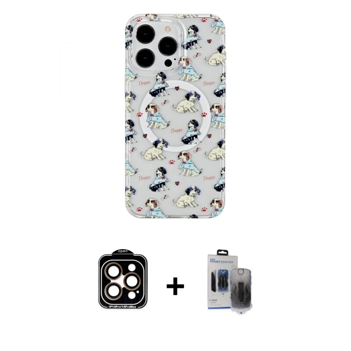 MARSİLYAN™- iPhone 15 Pro Max Kılıf Pusula Form - Siyah Vanessa Magic Hayalet Cam + PVD Metal Kamera Lens - TU