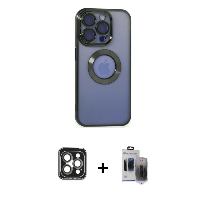 MARSİLYAN™- iPhone 15 Pro Max Kılıf Pusula Form - Siyah Vanessa Magic Hayalet Cam + PVD Metal Kamera Lens - GI