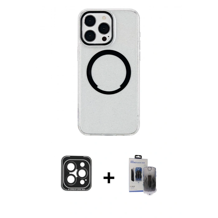 MARSİLYAN™- iPhone 15 Pro Max Kılıf Pusula Form - Siyah Vanessa Magic Hayalet Cam + PVD Metal Kamera Lens - SH