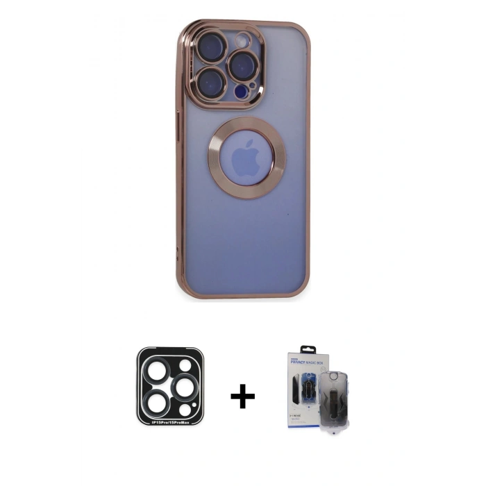 MARSİLYAN™- iPhone 15 Pro Max Kılıf Pusula Form - Siyah Vanessa Magic Hayalet Cam + PVD Metal Kamera Lens - LT