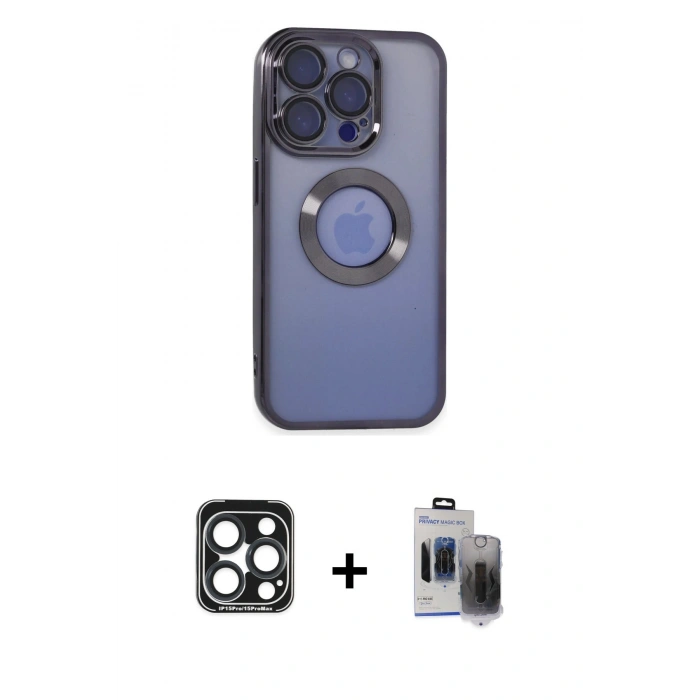 MARSİLYAN™- iPhone 15 Pro Max Kılıf Pusula Form - Siyah Vanessa Magic Hayalet Cam + PVD Metal Kamera Lens - LT