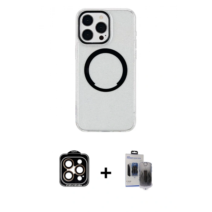 MARSİLYAN™- iPhone 15 Pro Max Kılıf Pusula Form - Siyah Vanessa Magic Hayalet Cam + PVD Metal Kamera Lens - TU