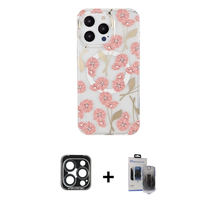MARSİLYAN™- iPhone 15 Pro Max Kılıf Pusula Form - Siyah Vanessa Magic Hayalet Cam + PVD Metal Kamera Lens - LT