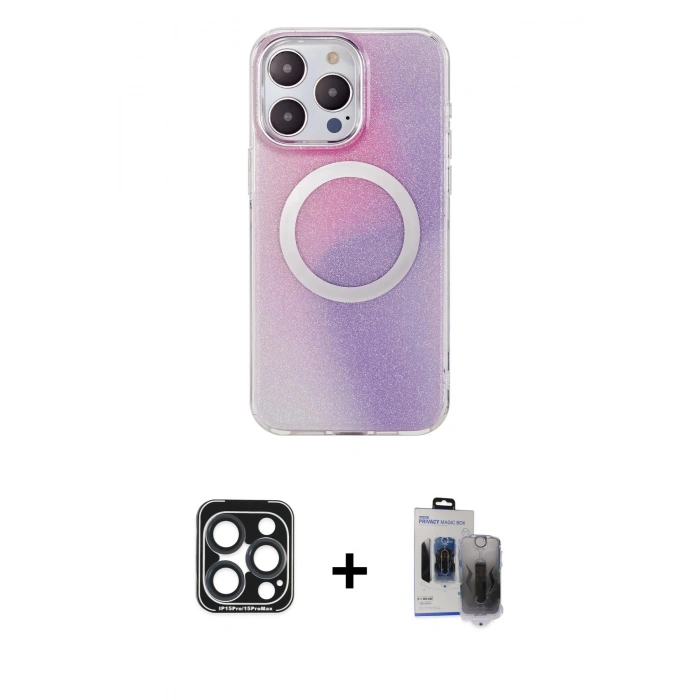 MARSİLYAN™- iPhone 15 Pro Max Kılıf Pusula Form - Siyah Vanessa Magic Hayalet Cam + PVD Metal Kamera Lens - LT