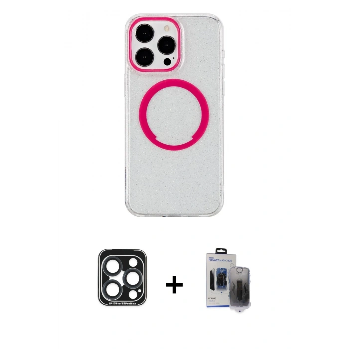MARSİLYAN™- iPhone 15 Pro Max Kılıf Pusula Form - Siyah Vanessa Magic Hayalet Cam + PVD Metal Kamera Lens - LT