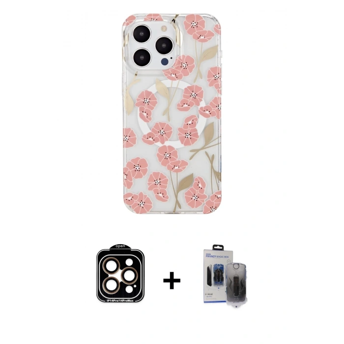 MARSİLYAN™- iPhone 15 Pro Max Kılıf Pusula Form - Siyah Vanessa Magic Hayalet Cam + PVD Metal Kamera Lens - TU