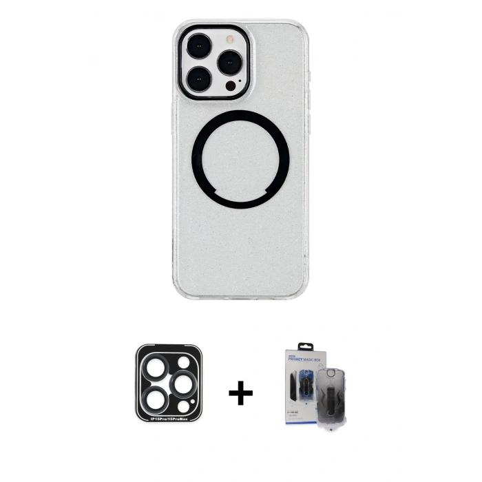 MARSİLYAN™- iPhone 15 Pro Max Kılıf Pusula Form - Siyah Vanessa Magic Hayalet Cam + PVD Metal Kamera Lens - LT