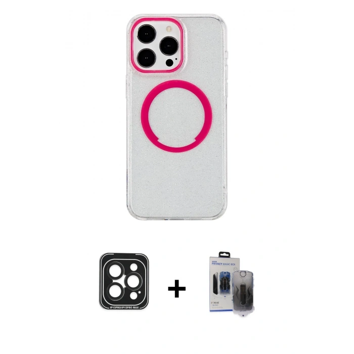 MARSİLYAN™- iPhone 15 Pro Max Kılıf Pusula Form - Siyah Vanessa Magic Hayalet Cam + PVD Metal Kamera Lens - SH
