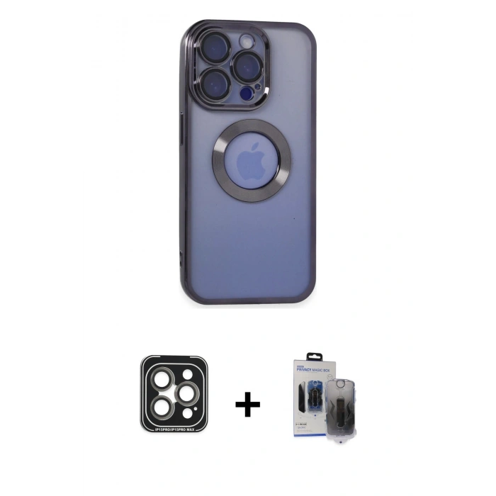 MARSİLYAN™- iPhone 15 Pro Max Kılıf Pusula Form - Siyah Vanessa Magic Hayalet Cam + PVD Metal Kamera Lens - GI
