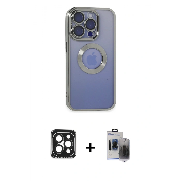 MARSİLYAN™- iPhone 15 Pro Max Kılıf Pusula Form - Siyah Vanessa Magic Hayalet Cam + PVD Metal Kamera Lens - SH