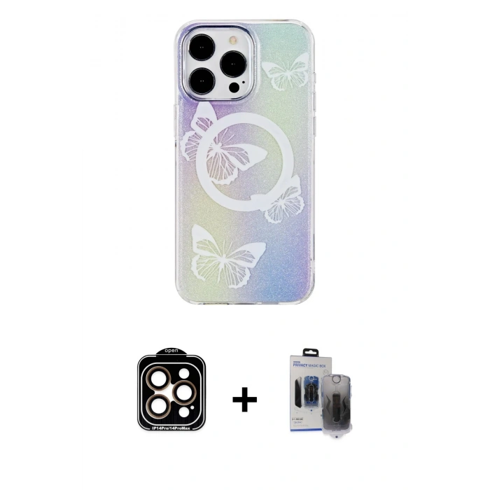 MARSİLYAN™- iPhone 15 Pro Max Kılıf Pusula Form - Siyah Vanessa Magic Hayalet Cam + PVD Metal Kamera Lens - TU