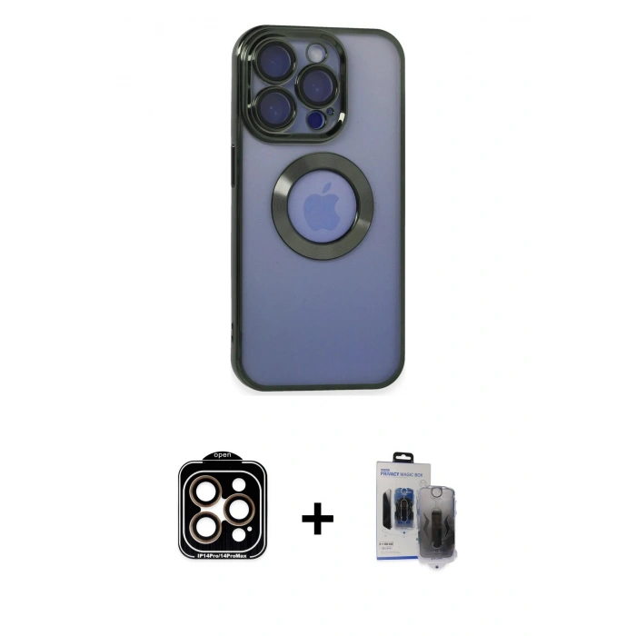 MARSİLYAN™- iPhone 15 Pro Max Kılıf Pusula Form - Siyah Vanessa Magic Hayalet Cam + PVD Metal Kamera Lens - TU