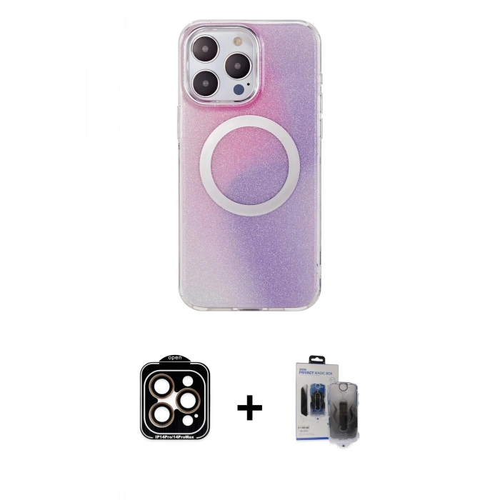 MARSİLYAN™- iPhone 15 Pro Max Kılıf Pusula Form - Siyah Vanessa Magic Hayalet Cam + PVD Metal Kamera Lens - TU
