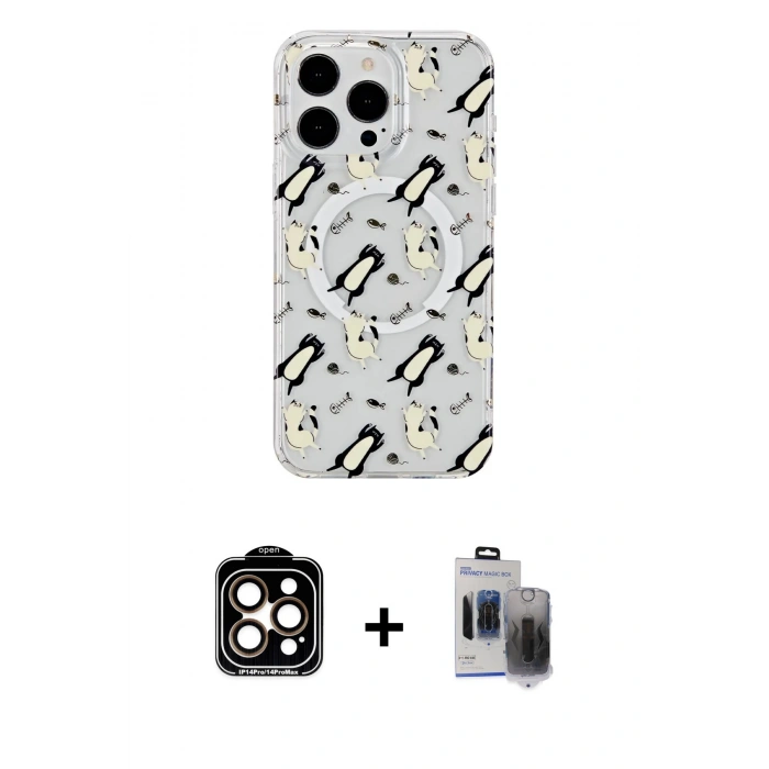 MARSİLYAN™- iPhone 15 Pro Max Kılıf Pusula Form - Siyah Vanessa Magic Hayalet Cam + PVD Metal Kamera Lens - TU