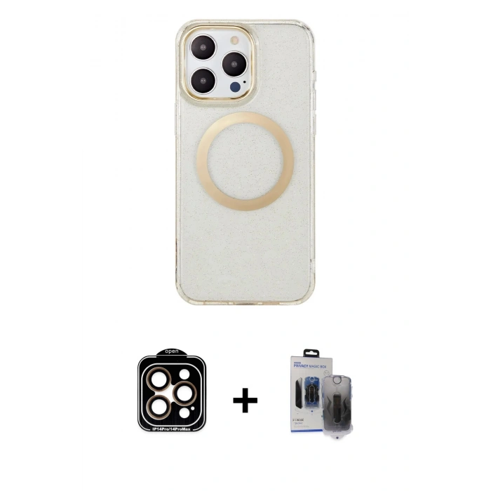 MARSİLYAN™- iPhone 15 Pro Max Kılıf Pusula Form - Siyah Vanessa Magic Hayalet Cam + PVD Metal Kamera Lens - TU