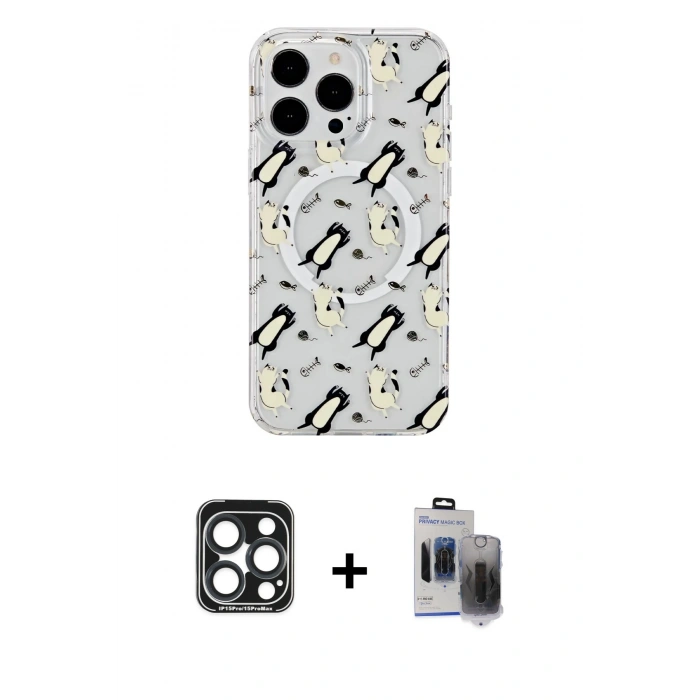 MARSİLYAN™- iPhone 15 Pro Max Kılıf Pusula Form - Siyah Vanessa Magic Hayalet Cam + PVD Metal Kamera Lens - LT