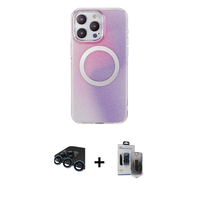 MARSİLYAN™- iPhone 15 Pro Max Kılıf Pusula Form - Siyah Vanessa Magic Hayalet Cam + Raze Metal Kamera Lens - LT