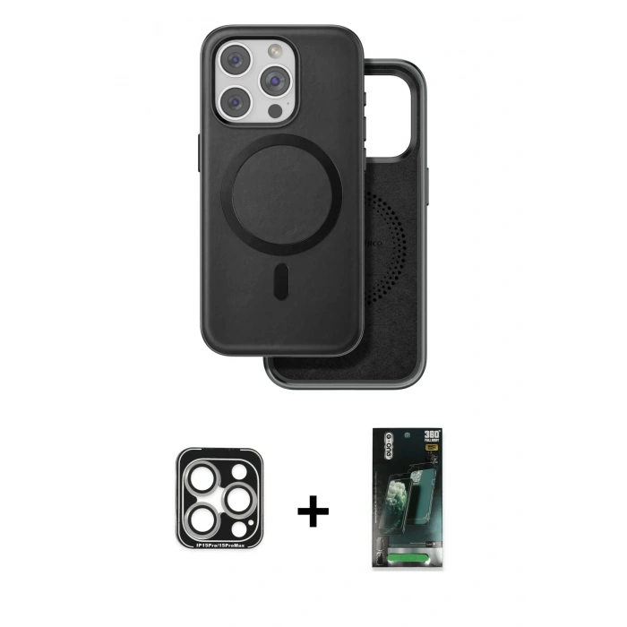 MARSİLYAN™- iPhone 15 Pro Max Kılıf Pusula Işık Koleksiyonu - Şeffaf 360 Full Body Arka Koruyucu + PVD Metal Kamera Lens - GS