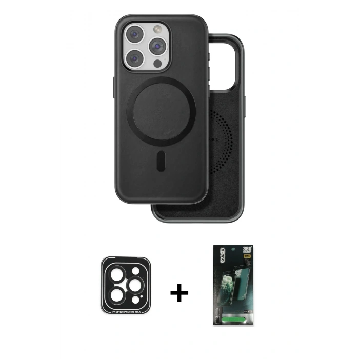 MARSİLYAN™- iPhone 15 Pro Max Kılıf Pusula Işık Koleksiyonu - Şeffaf 360 Full Body Arka Koruyucu + PVD Metal Kamera Lens - SH