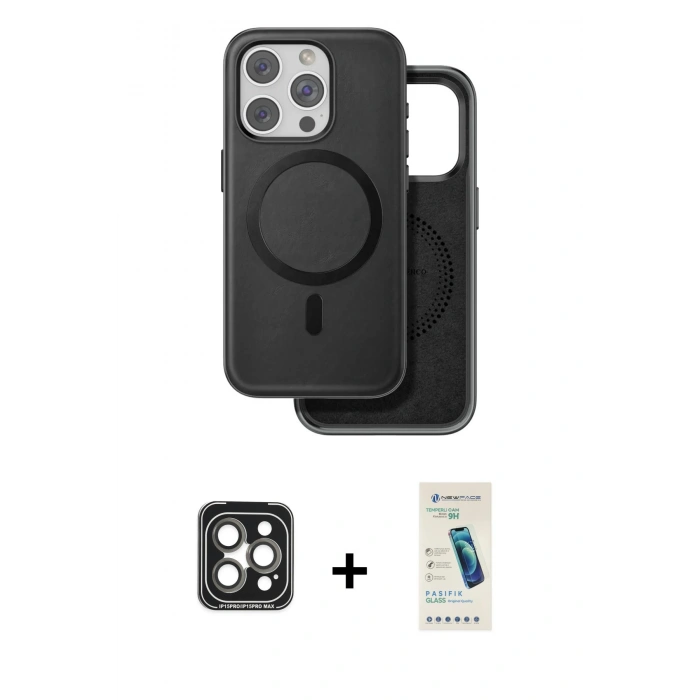 MARSİLYAN™- iPhone 15 Pro Max Kılıf Pusula Işık Koleksiyonu - Şeffaf Pasifik Cam Ekran Koruyucu + PVD Metal Kamera Lens - GI