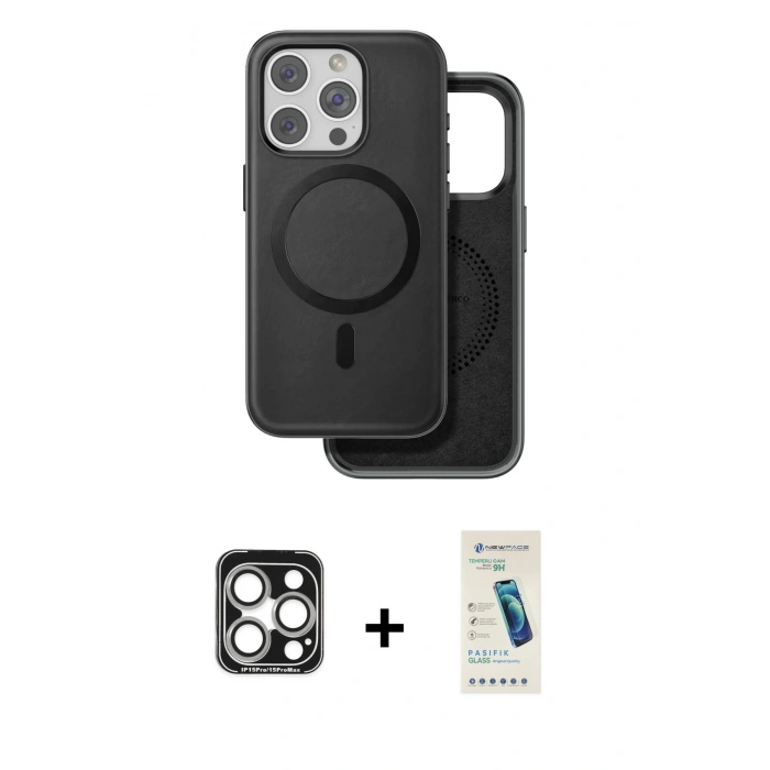 MARSİLYAN™- iPhone 15 Pro Max Kılıf Pusula Işık Koleksiyonu - Şeffaf Pasifik Cam Ekran Koruyucu + PVD Metal Kamera Lens - GS