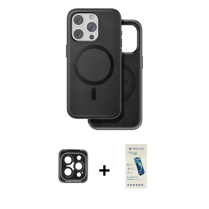 MARSİLYAN™- iPhone 15 Pro Max Kılıf Pusula Işık Koleksiyonu - Şeffaf Pasifik Cam Ekran Koruyucu + PVD Metal Kamera Lens - SH