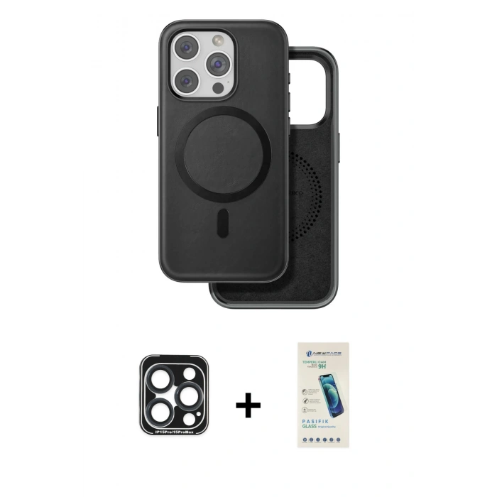 MARSİLYAN™- iPhone 15 Pro Max Kılıf Pusula Işık Koleksiyonu - Şeffaf Pasifik Cam Ekran Koruyucu + PVD Metal Kamera Lens - LT