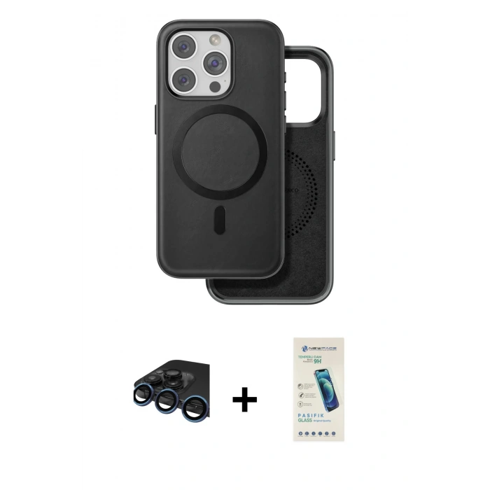 MARSİLYAN™- iPhone 15 Pro Max Kılıf Pusula Işık Koleksiyonu - Şeffaf Pasifik Cam Ekran Koruyucu + Raze Metal Kamera Lens - LT