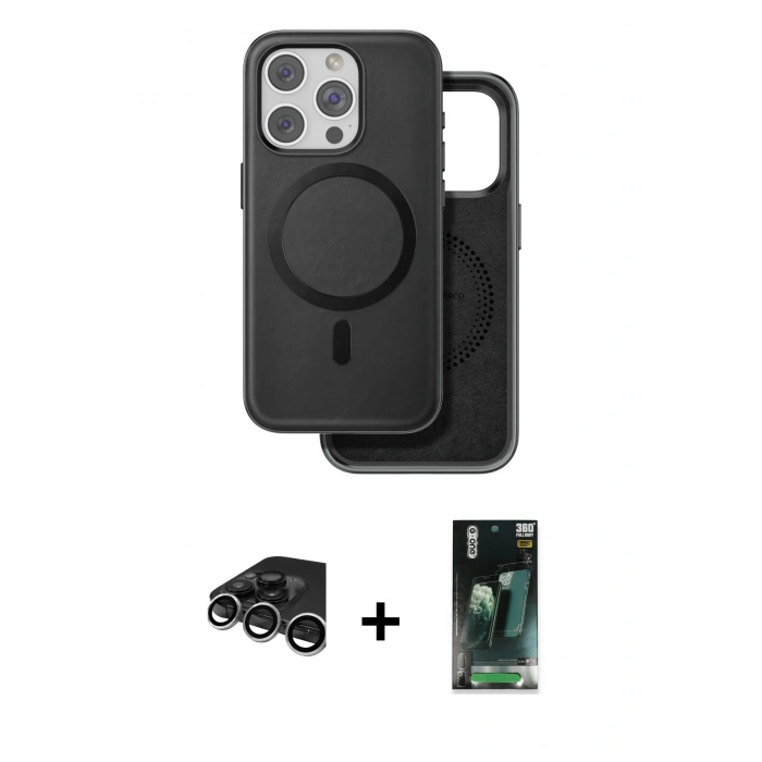 MARSİLYAN™- iPhone 15 Pro Max Kılıf Pusula Işık Koleksiyonu - Siyah 360 Mat Full Body Arka Koruyucu + Raze Metal Kamera Lens - GS