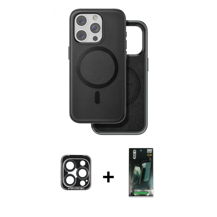 MARSİLYAN™- iPhone 15 Pro Max Kılıf Pusula Işık Koleksiyonu - Siyah 360 Mat Full Body Arka Koruyucu + Lacivert PVD Metal Kamera Lens