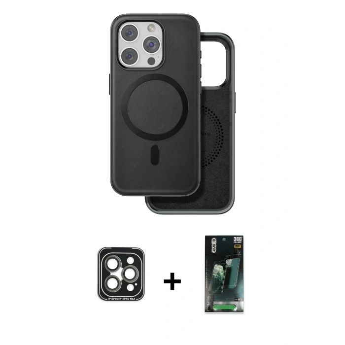 MARSİLYAN™- iPhone 15 Pro Max Kılıf Pusula Işık Koleksiyonu - Siyah 360 Mat Full Body Arka Koruyucu + PVD Metal Kamera Lens - GI