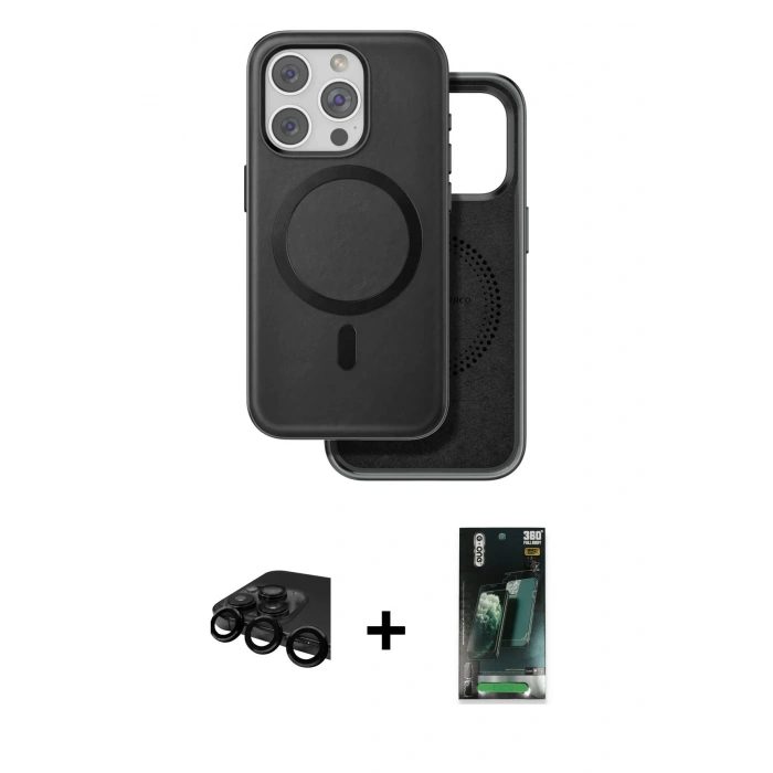 MARSİLYAN™- iPhone 15 Pro Max Kılıf Pusula Işık Koleksiyonu - Siyah 360 Mat Full Body Arka Koruyucu + Raze Metal Kamera Lens - SH