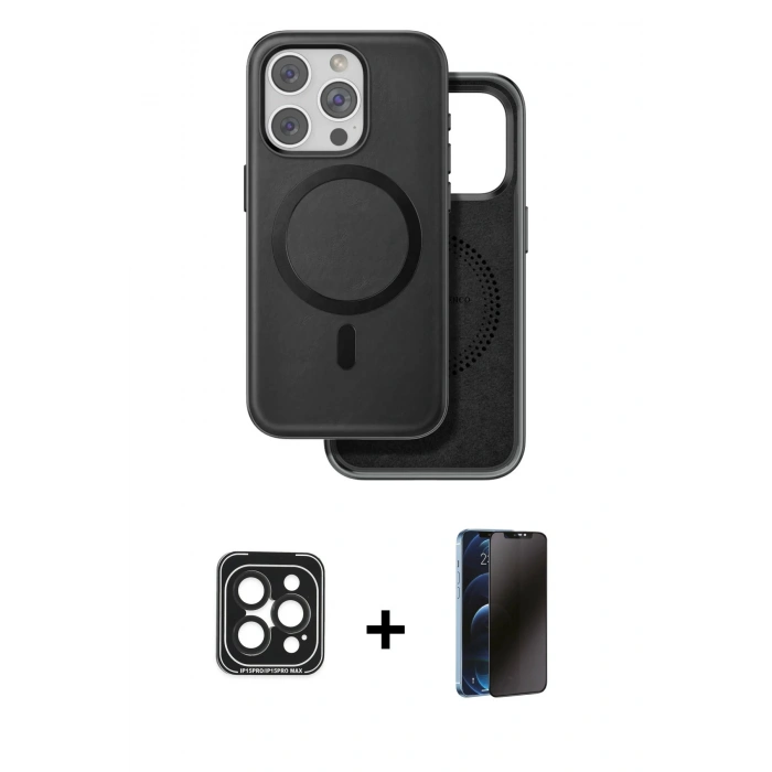 MARSİLYAN™- iPhone 15 Pro Max Kılıf Pusula Işık Koleksiyonu - Siyah 3D Antistatik Hayalet Cam Ekran Koruyucu + PVD Metal Kamera Lens - SH