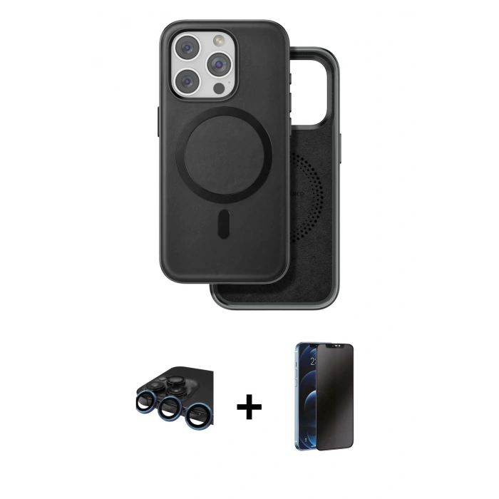 MARSİLYAN™- iPhone 15 Pro Max Kılıf Pusula Işık Koleksiyonu - Siyah 3D Antistatik Hayalet Cam Ekran Koruyucu + Raze Metal Kamera Lens - LT