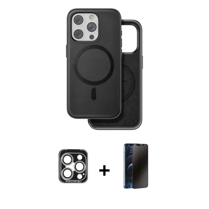 MARSİLYAN™- iPhone 15 Pro Max Kılıf Pusula Işık Koleksiyonu - Siyah 3D Antistatik Hayalet Cam Ekran Koruyucu + PVD Metal Kamera Lens - GS