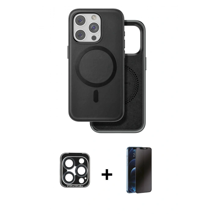 MARSİLYAN™- iPhone 15 Pro Max Kılıf Pusula Işık Koleksiyonu - Siyah 3D Antistatik Hayalet Cam Ekran Koruyucu + PVD Metal Kamera Lens - LT