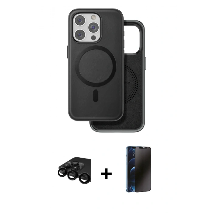 MARSİLYAN™- iPhone 15 Pro Max Kılıf Pusula Işık Koleksiyonu - Siyah 3D Antistatik Hayalet Cam Ekran Koruyucu + Raze Metal Kamera Lens - SH