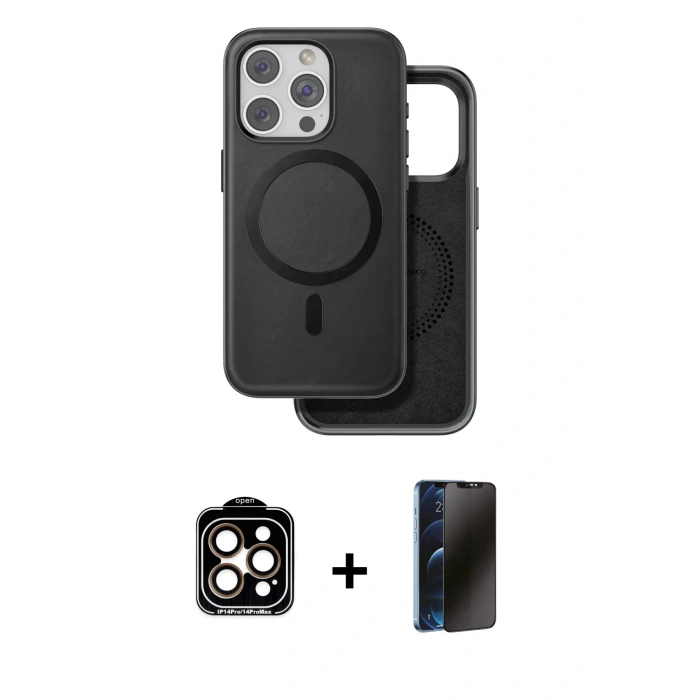 MARSİLYAN™- iPhone 15 Pro Max Kılıf Pusula Işık Koleksiyonu - Siyah 3D Antistatik Hayalet Cam Ekran Koruyucu + PVD Metal Kamera Lens - TU