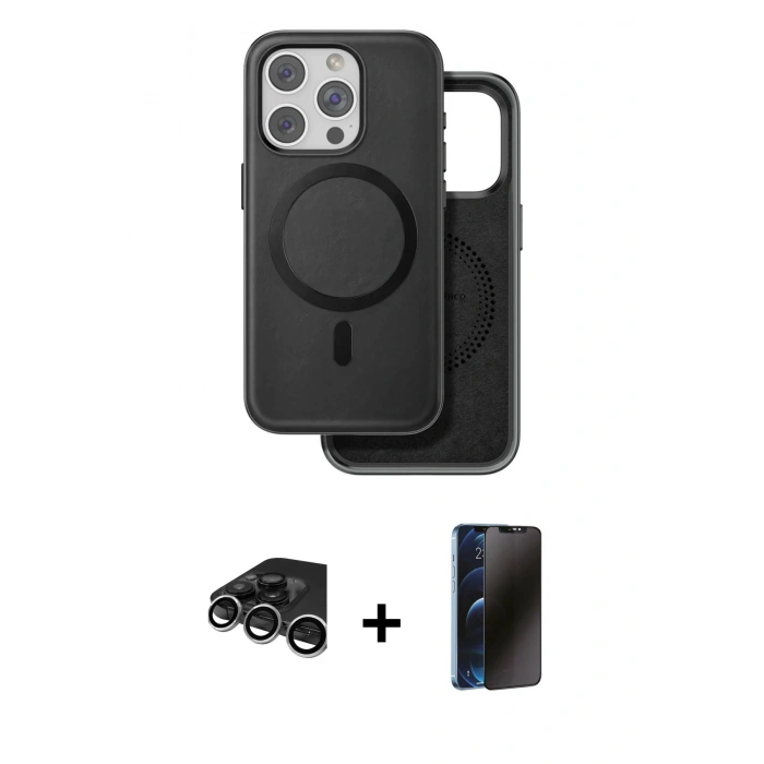 MARSİLYAN™- iPhone 15 Pro Max Kılıf Pusula Işık Koleksiyonu - Siyah 3D Antistatik Hayalet Cam Ekran Koruyucu + Raze Metal Kamera Lens - GS