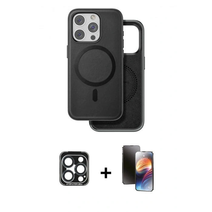 MARSİLYAN™- iPhone 15 Pro Max Kılıf Pusula Işık Koleksiyonu - Siyah 3D Antistatik Mat Seramik Nano Ekran Koruyucu + PVD Metal Kamera Lens - LT