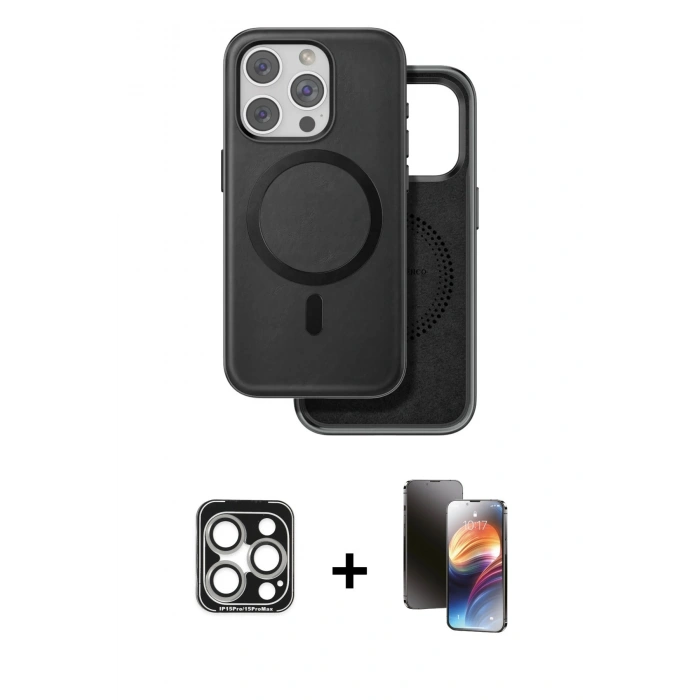 MARSİLYAN™- iPhone 15 Pro Max Kılıf Pusula Işık Koleksiyonu - Siyah 3D Antistatik Mat Seramik Nano Ekran Koruyucu + Gümüş PVD Metal Kamera Lens