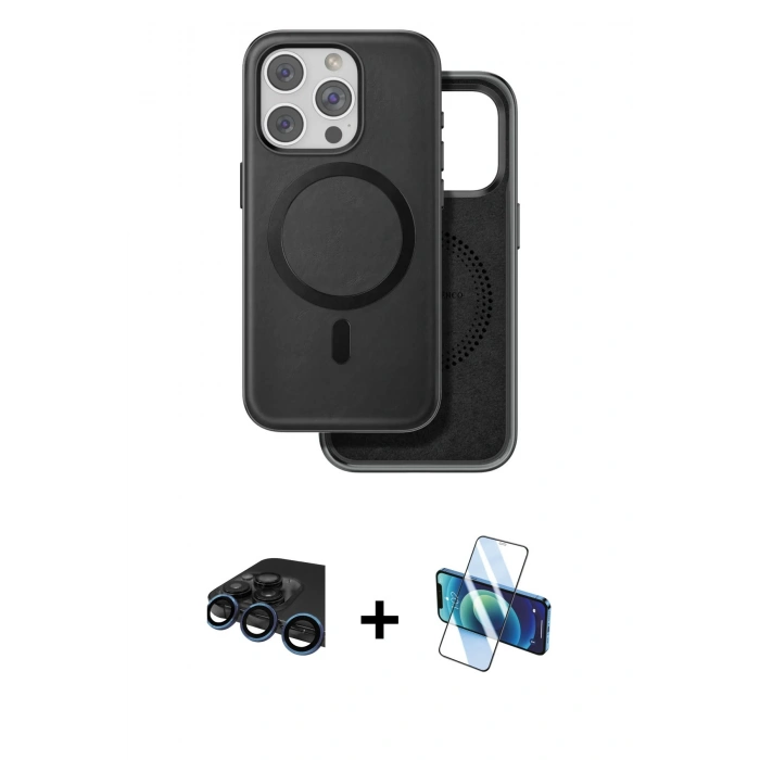 MARSİLYAN™- iPhone 15 Pro Max Kılıf Pusula Işık Koleksiyonu - Siyah 3D Antistatik Seramik Nano Ekran Koruyucu + Raze Metal Kamera Lens - LT