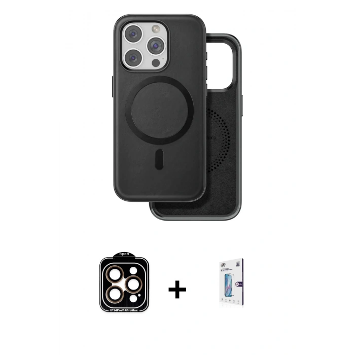 MARSİLYAN™- iPhone 15 Pro Max Kılıf Pusula Işık Koleksiyonu - Siyah Bilvis 0.18mm Plus Cam Ekran Koruyucu + PVD Metal Kamera Lens - TU