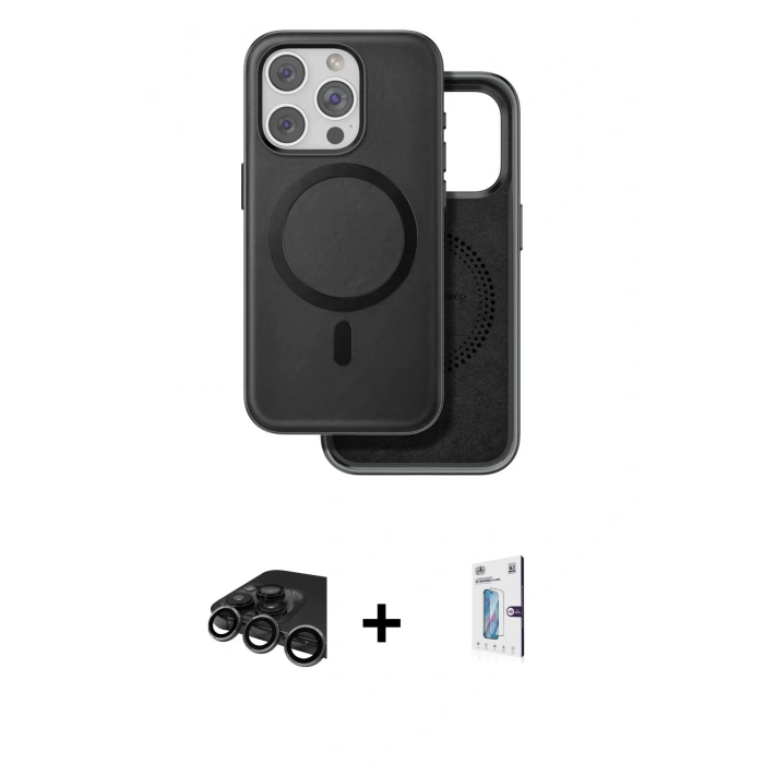 MARSİLYAN™- iPhone 15 Pro Max Kılıf Pusula Işık Koleksiyonu - Siyah Bilvis 0.18mm Plus Cam Ekran Koruyucu + Raze Metal Kamera Lens - TMGI