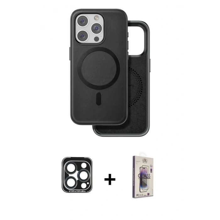 MARSİLYAN™- iPhone 15 Pro Max Kılıf Pusula Işık Koleksiyonu - Siyah Bilvis 3D Cam Ekran Koruyucu + PVD Metal Kamera Lens - LT