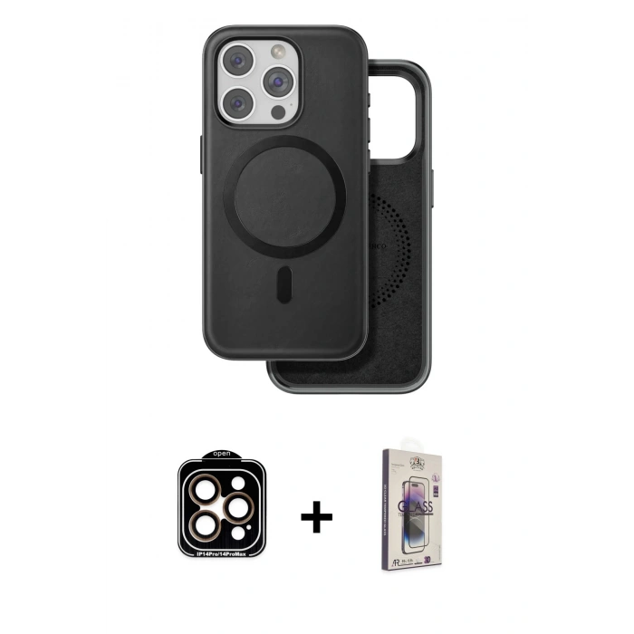 MARSİLYAN™- iPhone 15 Pro Max Kılıf Pusula Işık Koleksiyonu - Siyah Bilvis 3D Cam Ekran Koruyucu + PVD Metal Kamera Lens - TU