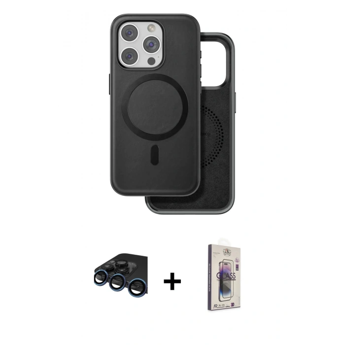 MARSİLYAN™- iPhone 15 Pro Max Kılıf Pusula Işık Koleksiyonu - Siyah Bilvis 3D Cam Ekran Koruyucu + Raze Metal Kamera Lens - LT